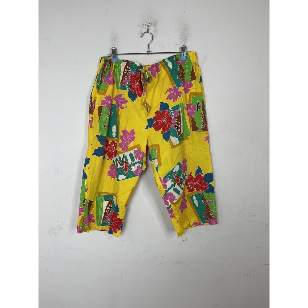 Original Jams‎ Womens M Yellow Hawaiian Tropical Floral Capri Cropped Pants